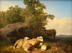 Peinture du 19e siècle Une famille de moutons avec un petit agneau dans un paysage
