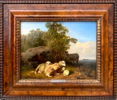 Peinture du 19e siècle Une famille de moutons avec un petit agneau dans un paysage