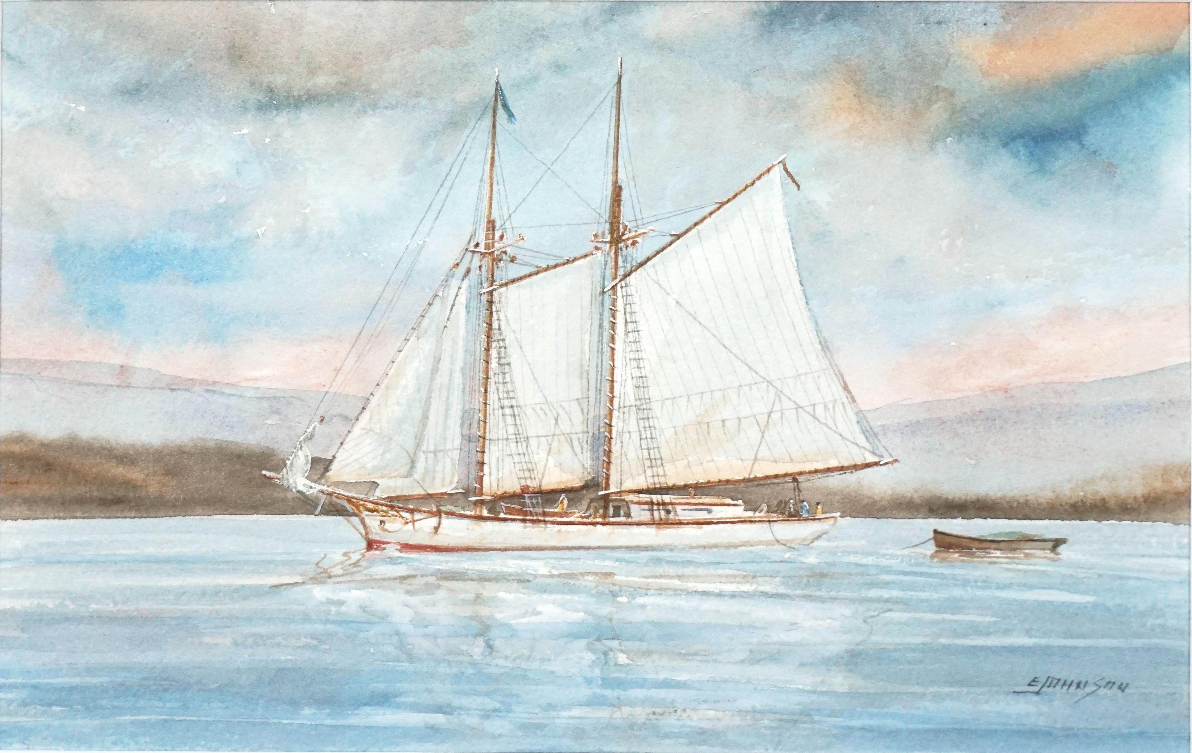 Two-Masted Schooner Sailing off Mohegan Island, Maine - Painting by Edmond Johnson