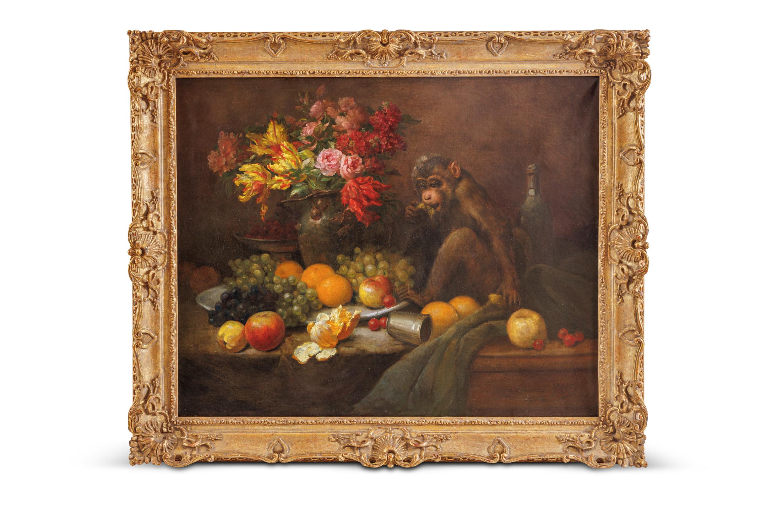 Edmond Louis Maire (French, 1862-1914) A Monkey Still Life Painting with Fruits and Flowers, 1904

Oil on canvas

Signed Lower Right Edmond Maire and dated 1904.

The artists' artistic prowess shines through in this remarkable composition, where a