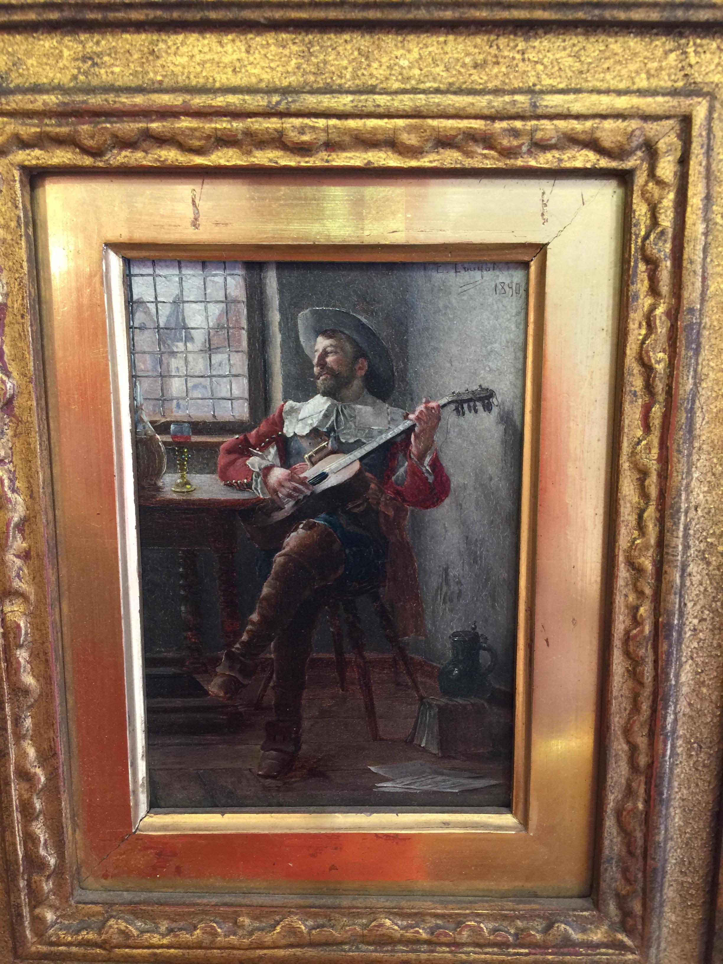 A French or German Musician playing the guitar in cavalier dress - Painting by Edmond Louyot