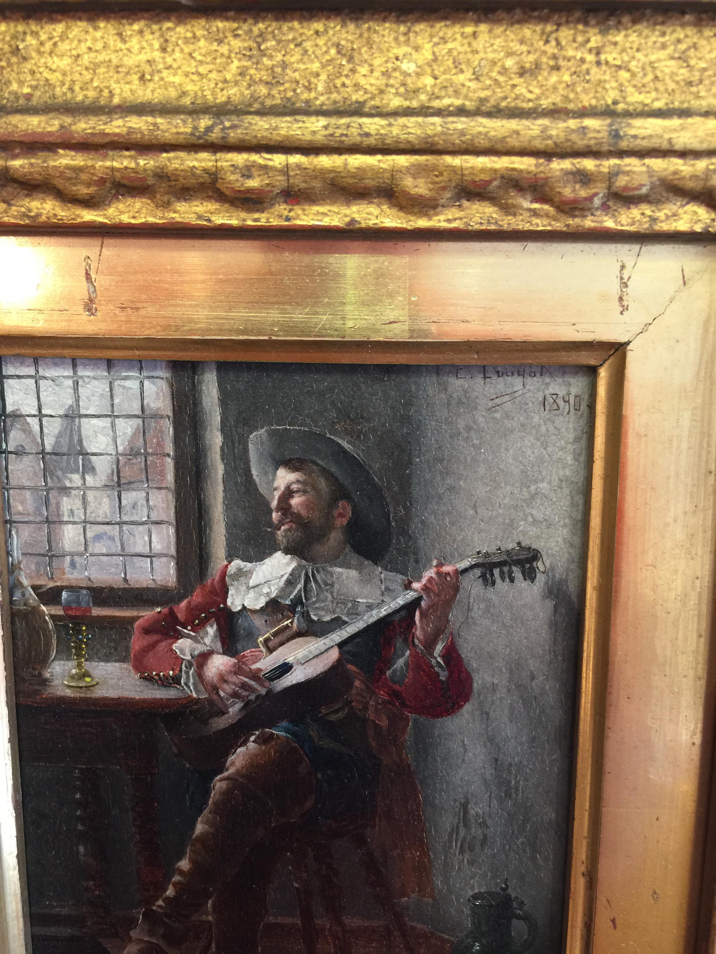 A French or German Musician playing the guitar in cavalier dress - Victorian Painting by Edmond Louyot