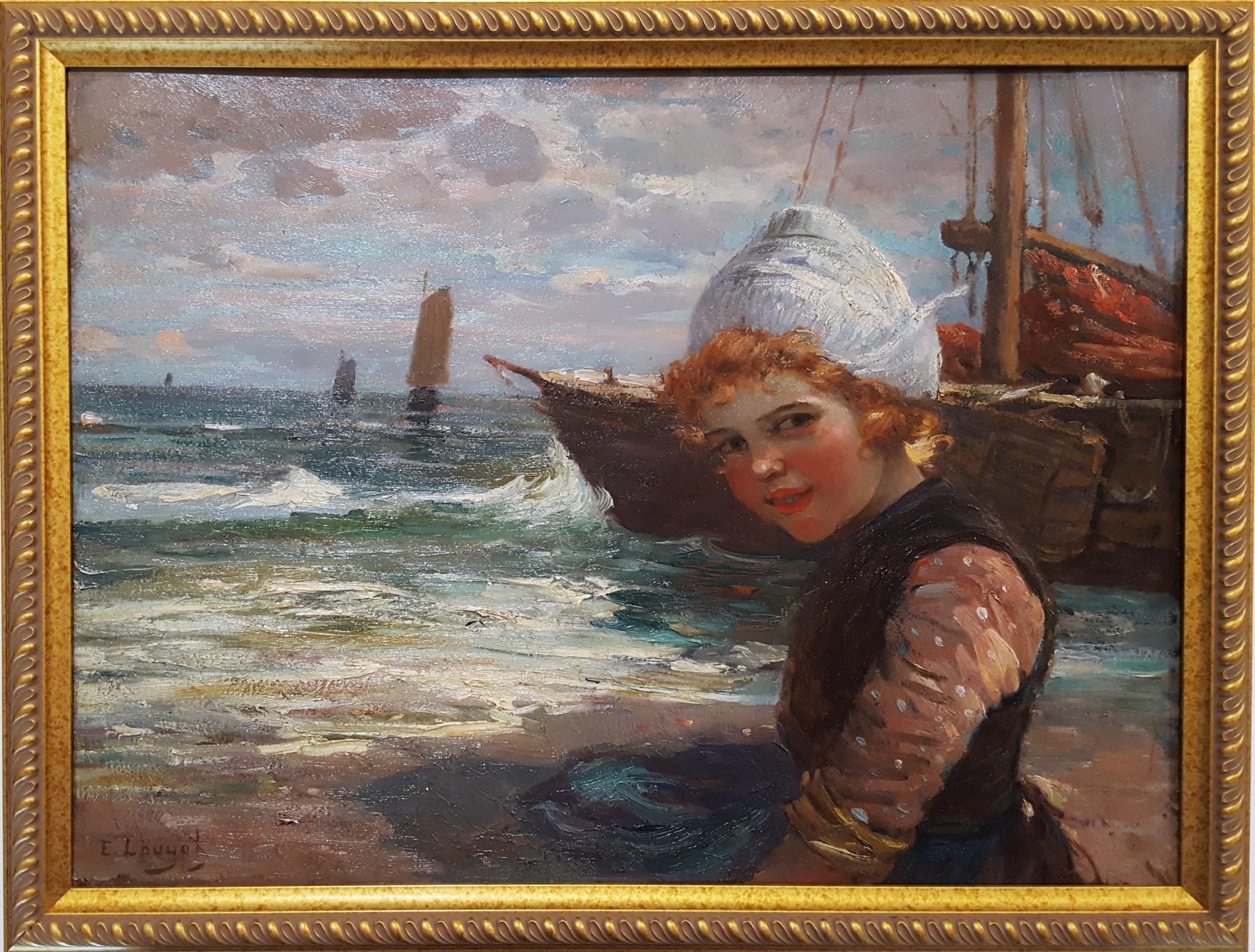 Dutch Girl with Fishing Boats - Painting by Edmond Louyot