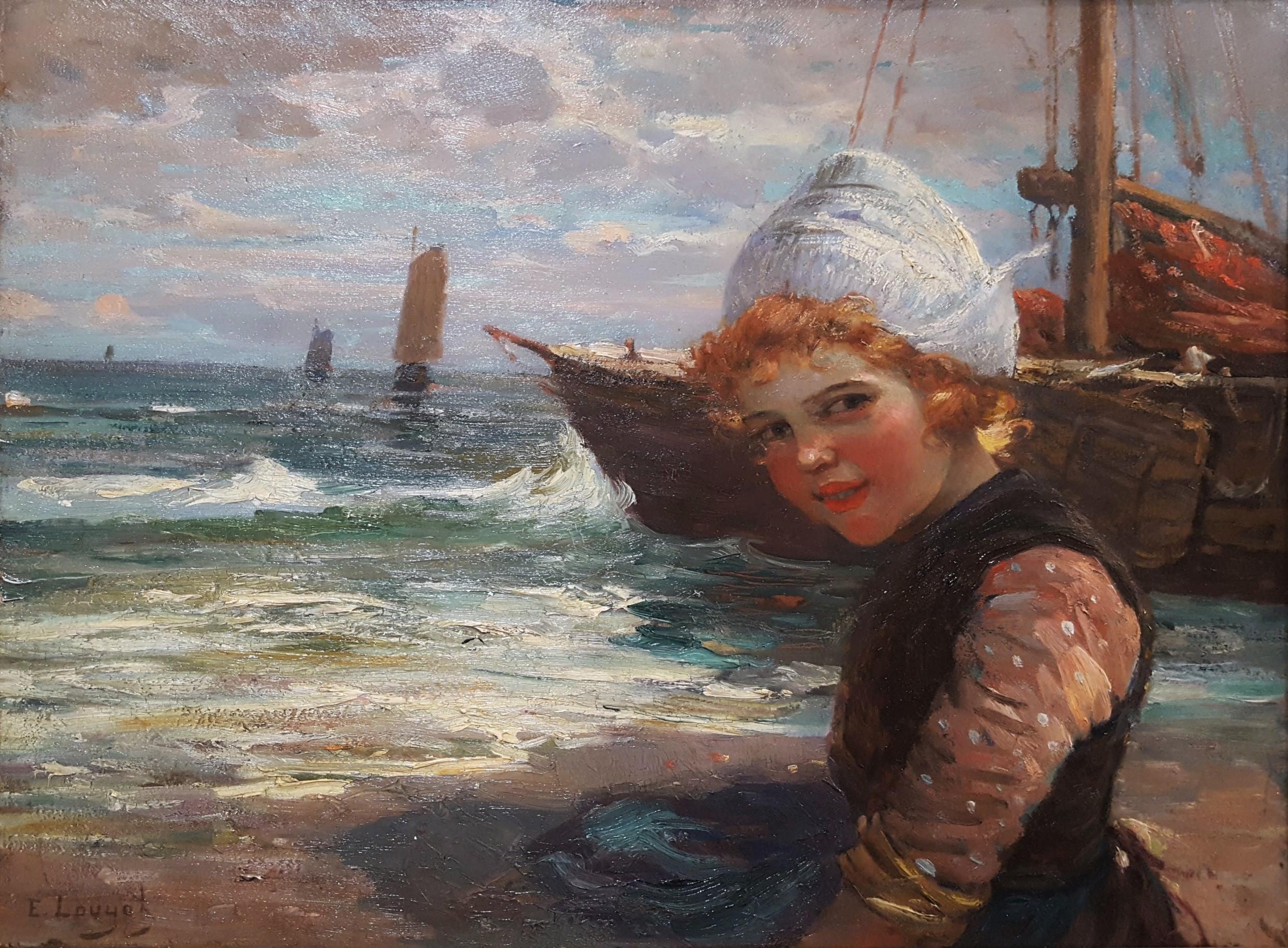 Edmond Louyot Figurative Painting - Dutch Girl with Fishing Boats