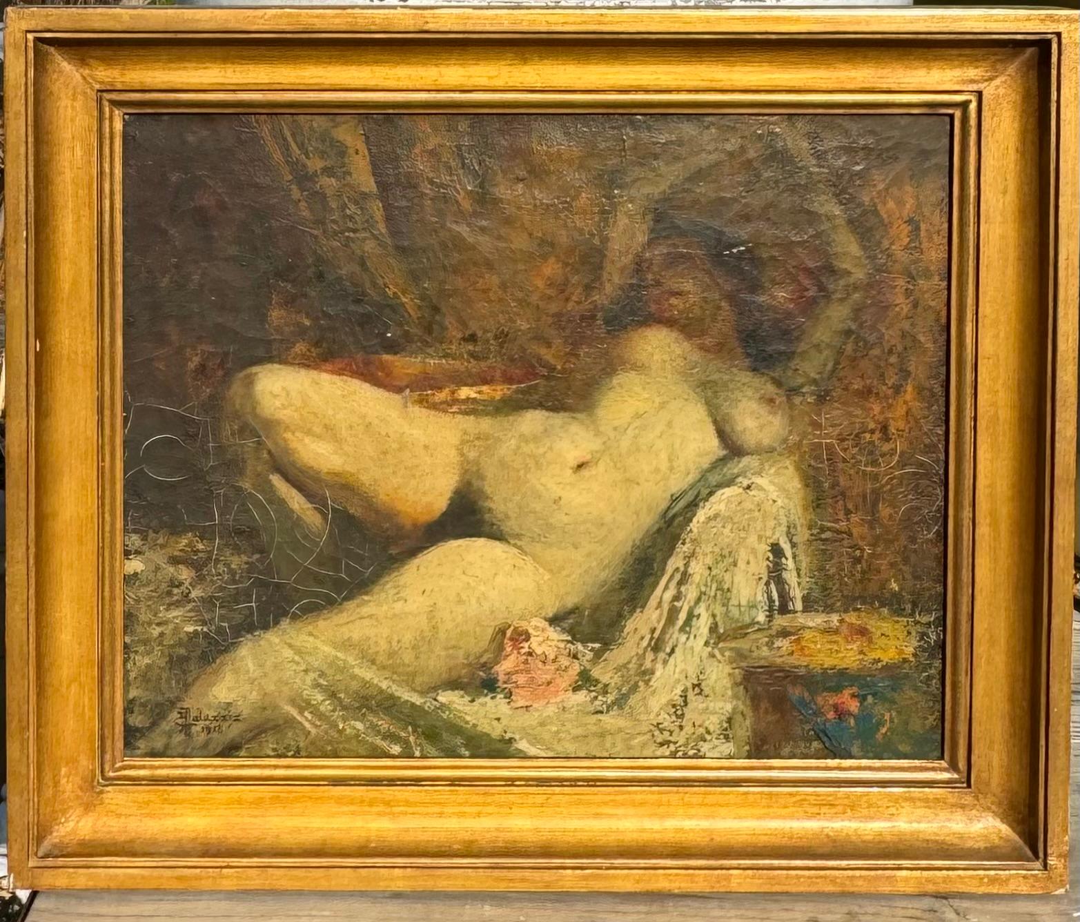 EROTIC Antique ART DECO French Orientalist Reclining NUDE Slave Girl HANDCUFFED - Painting by Edmond MALASSIS