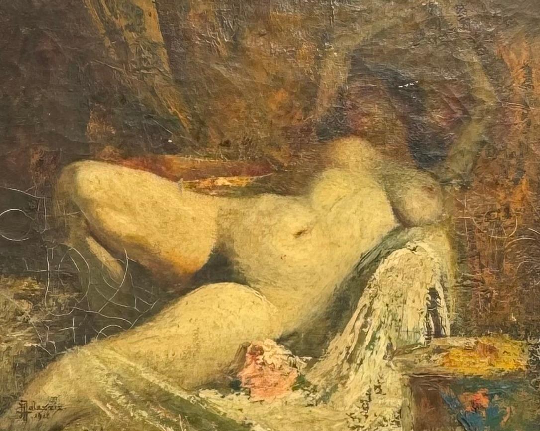 EROTIC Antique ART DECO French Orientalist Reclining NUDE Slave Girl HANDCUFFED - Brown Interior Painting by Edmond MALASSIS
