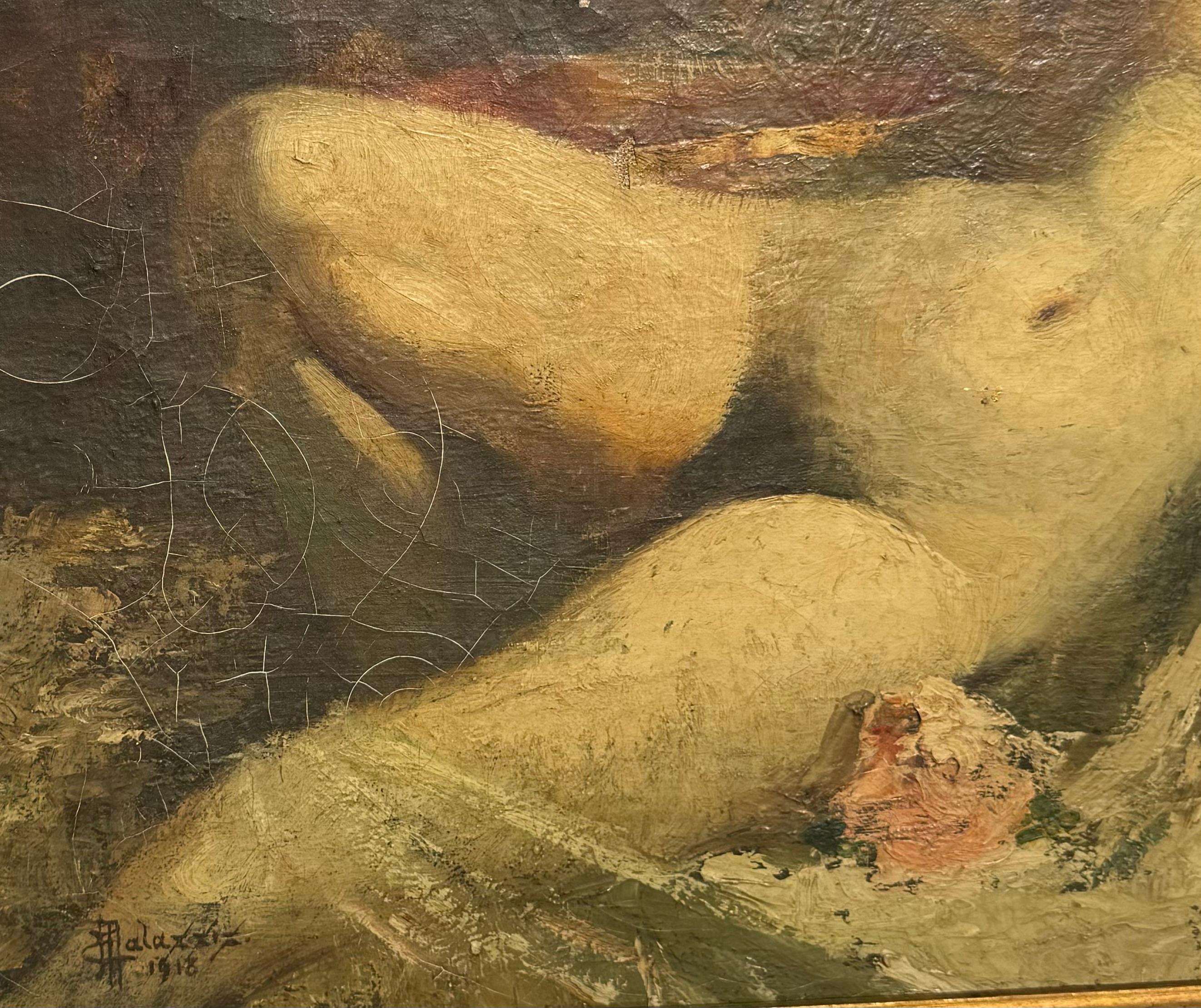 EROTIC Antique ART DECO French Orientalist Reclining NUDE Slave Girl HANDCUFFED For Sale 2