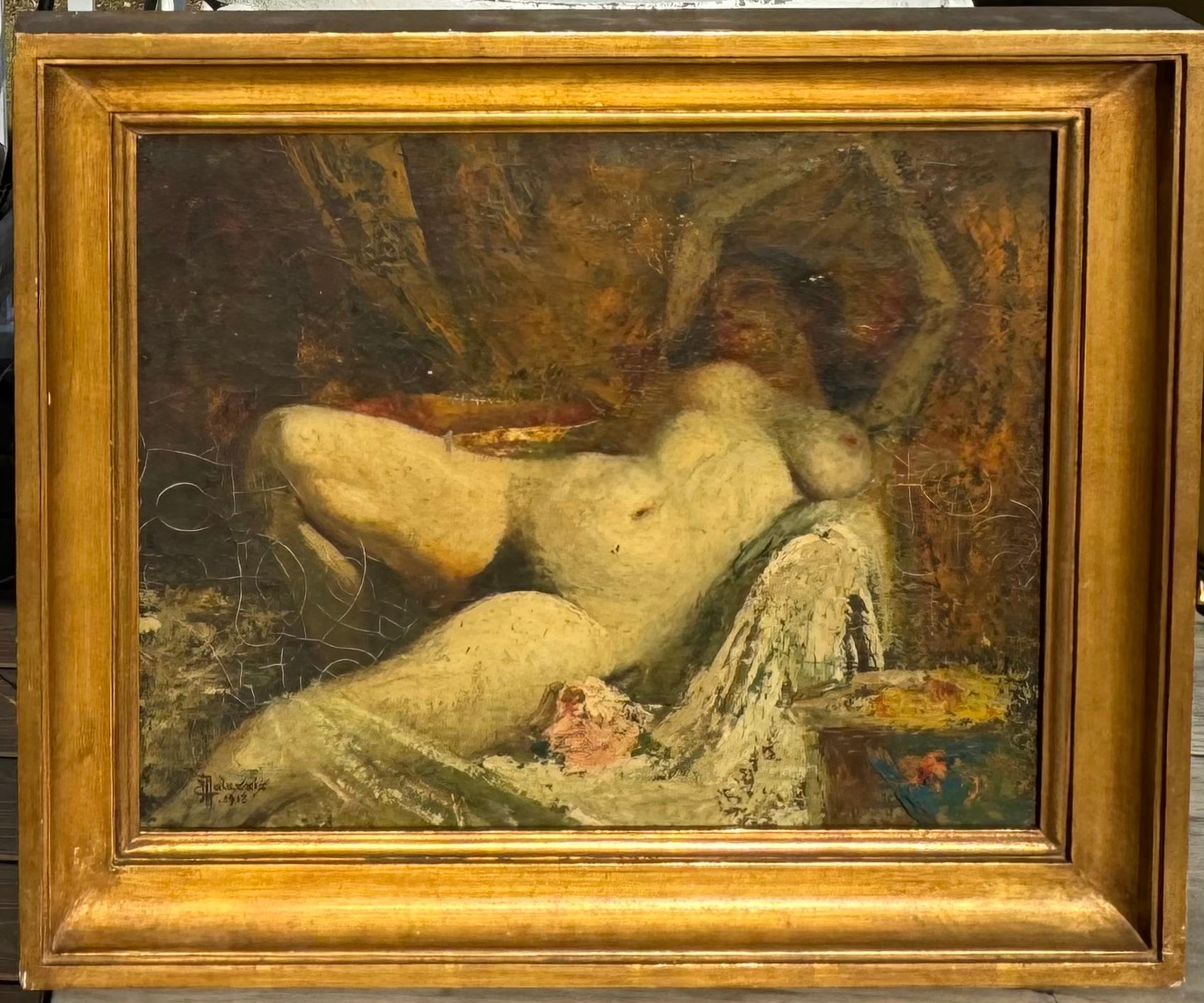 EROTIC Antique ART DECO French Orientalist Reclining NUDE Slave Girl HANDCUFFED For Sale 4