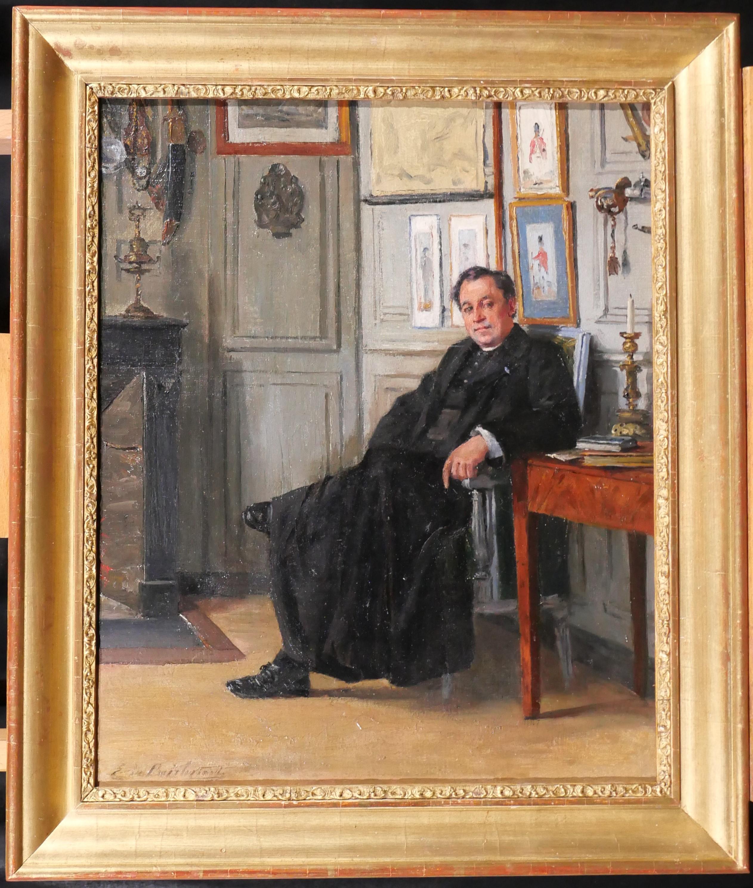 Portrait of a man in his interior - Painting by Edmond Marie Félix de Boislecomte