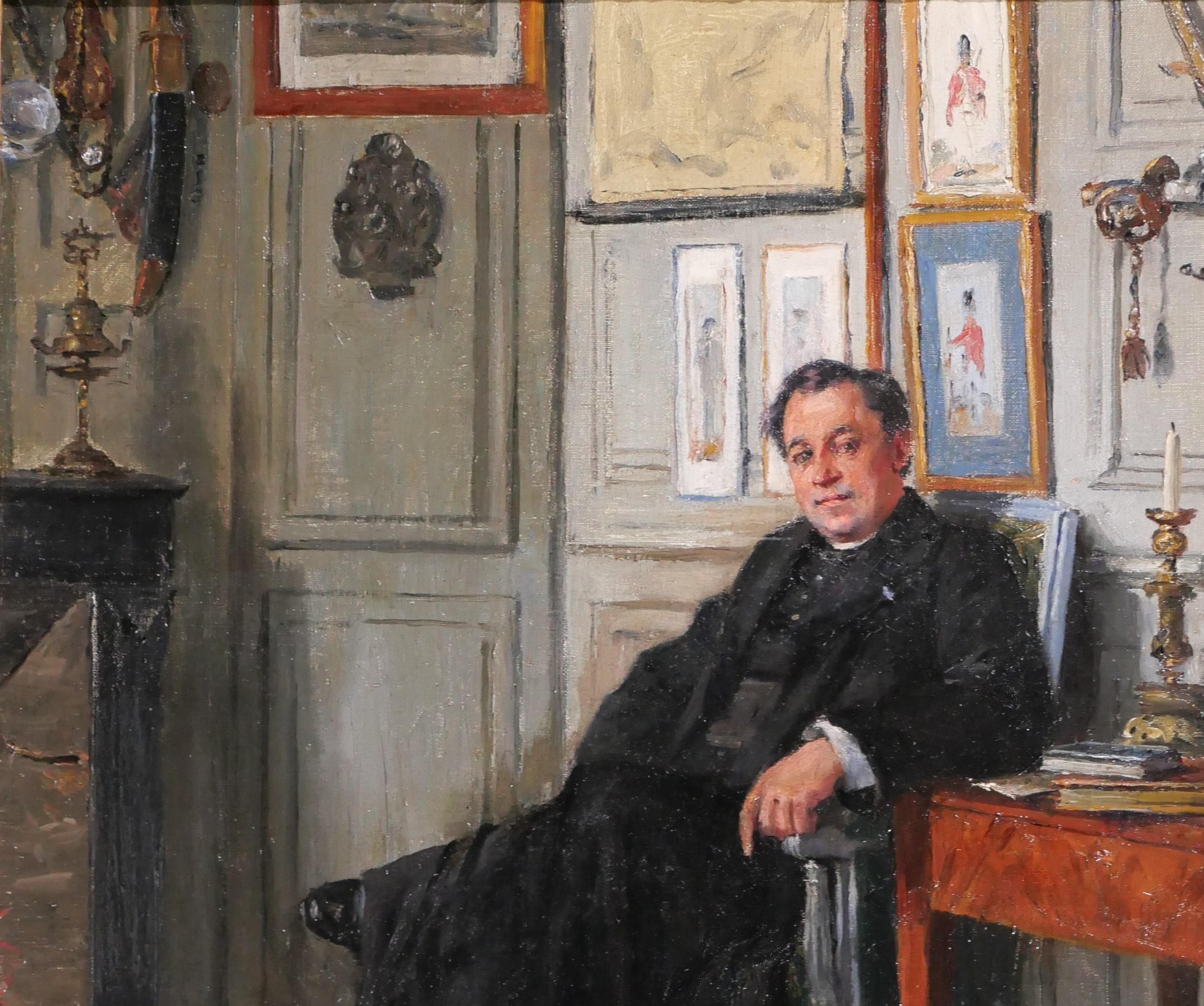 Portrait of a man in his interior - Impressionist Painting by Edmond Marie Félix de Boislecomte