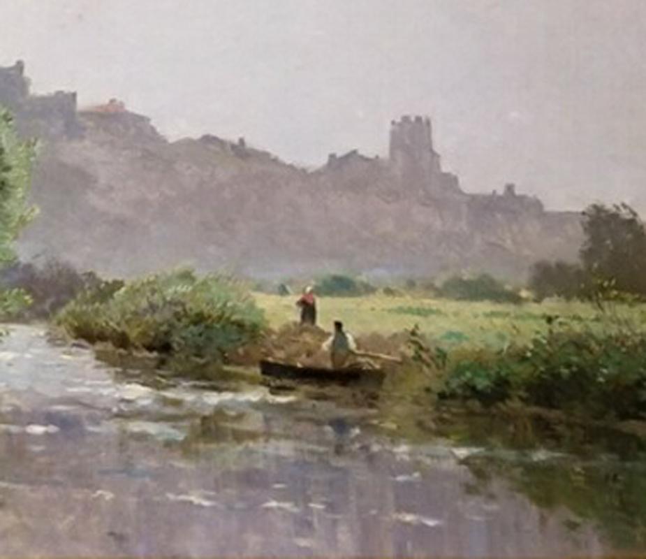 Edmond M Petitjean „Etang devant une ville“  Französische Landschaft, Öl/Leinwand, um 1900 im Angebot 2