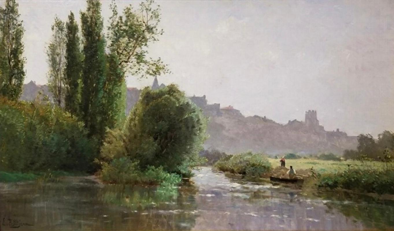 Edmond M Petitjean „Etang devant une ville“  Französische Landschaft, Öl/Leinwand, um 1900 im Angebot 3