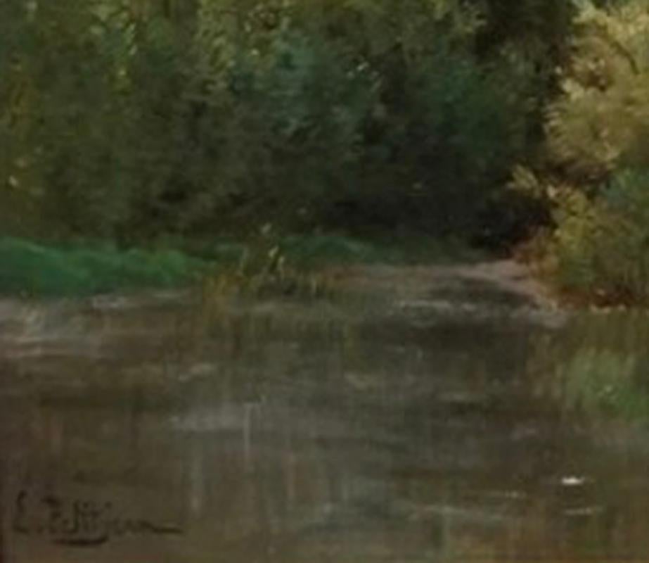 Edmond M Petitjean „Etang devant une ville“  Französische Landschaft, Öl/Leinwand, um 1900 im Angebot 4