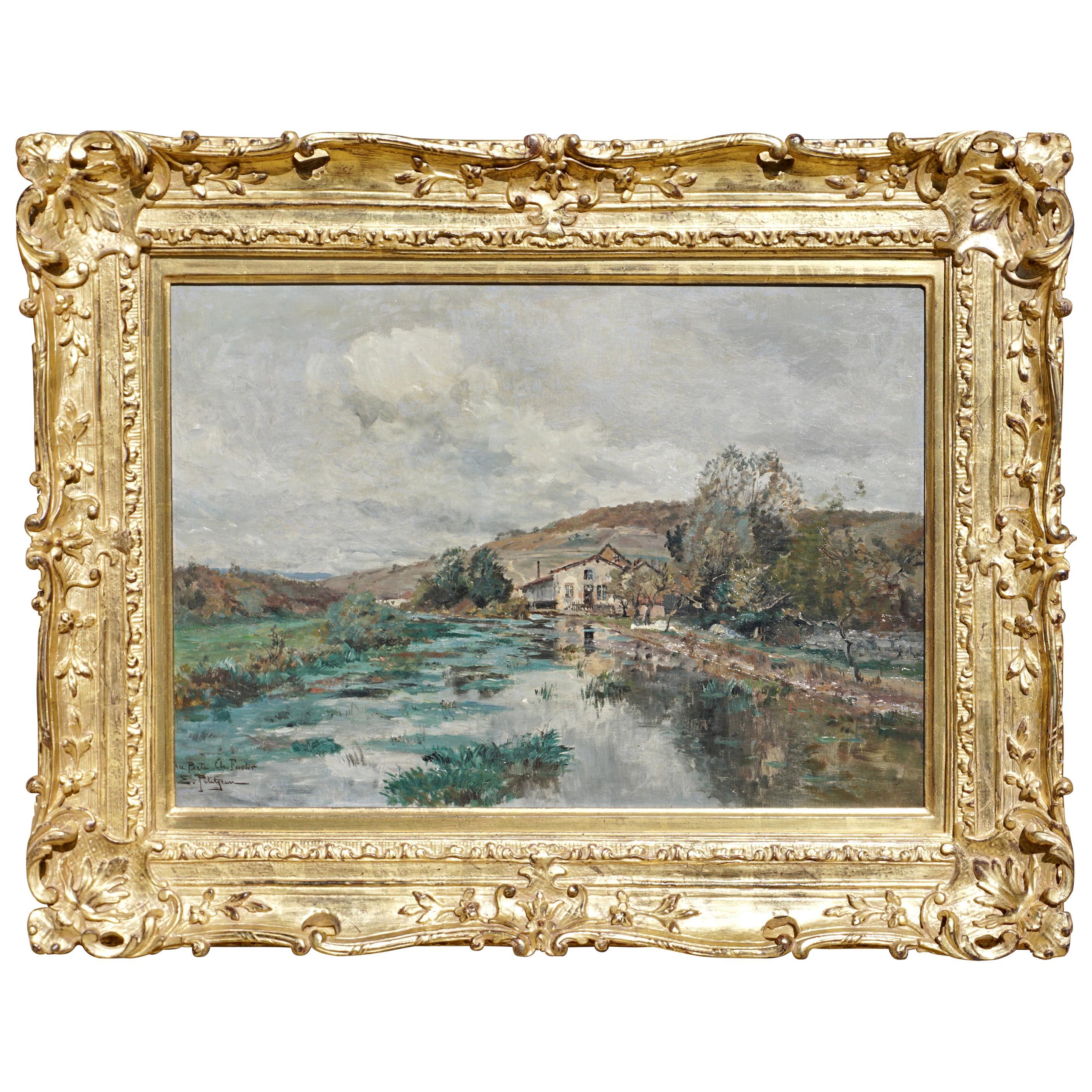 Maravilloso y detallado paisaje pintado al óleo sobre lienzo firmado e inscrito por Edmond Petitjean, (francés 1844-1925).

Estado: Excelente. Parece que lo han limpiado y barnizado recientemente.

Medidas: Lienzo 23,75 x 17 pulgadas
Enmarcado 32 x