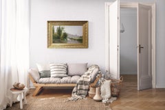 ÉTANG DEVANT UNE VILLE river landscape French 19thC oil canvas tranquil Barbizon