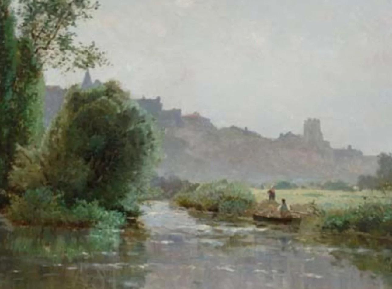 ÉTANG DEVANT UNE VILLE rivière paysage français 19e siècle huile toile tranquille Barbizon en vente 1