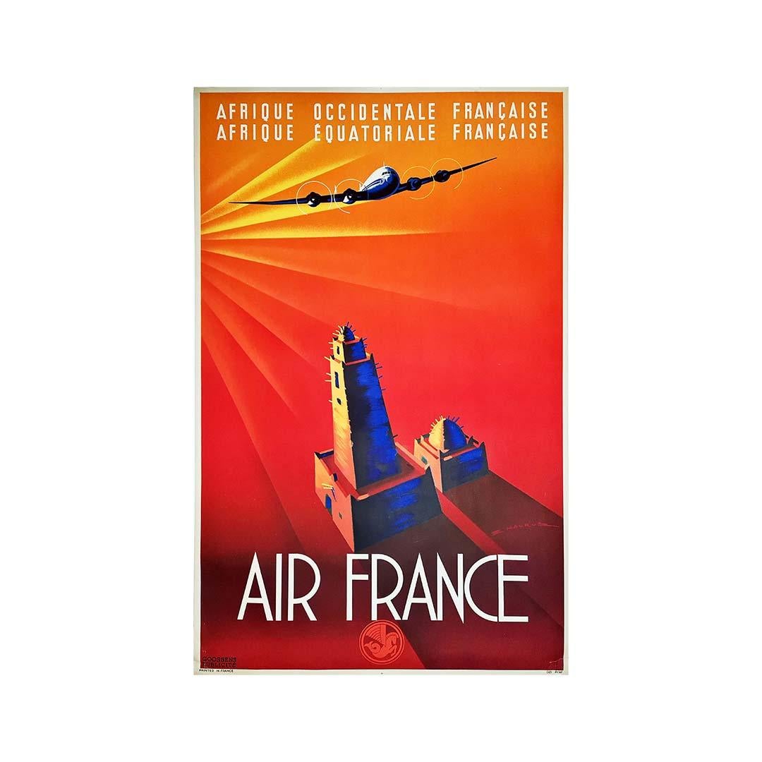 Original poster by Edmond Maurus for Air France in 1946, promoting the African destinations of French West Africa and French Equatorial Africa. The poster depicted a plane flying over a Saharan landscape, with sand dunes, tufts of grass and