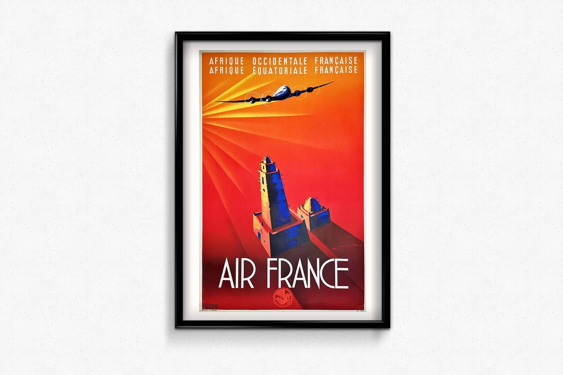 Affiche vintage d'origine d'E. Maurus Air France, Art déco, Afrique de l'Ouest, 1946 en vente 2