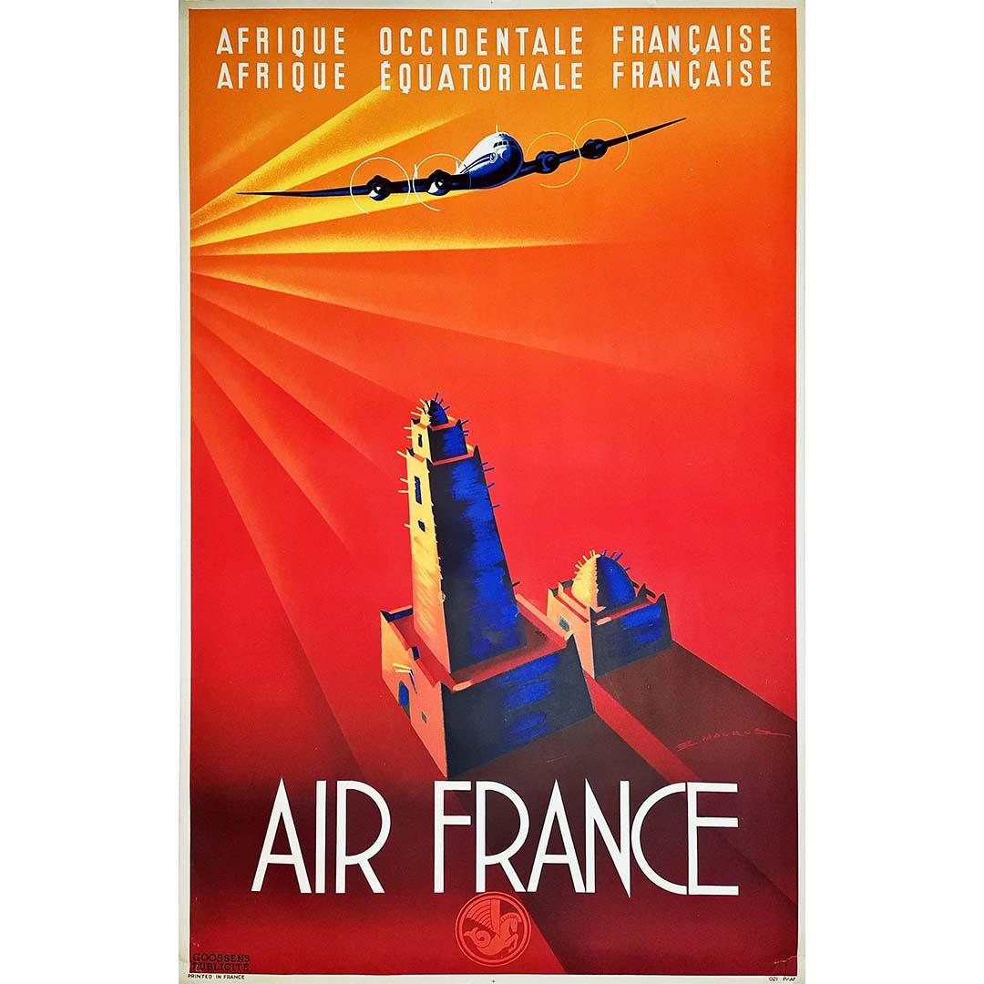 Affiche vintage d'origine d'E. Maurus Air France, Art déco, Afrique de l'Ouest, 1946 - Print de Edmond Maurus