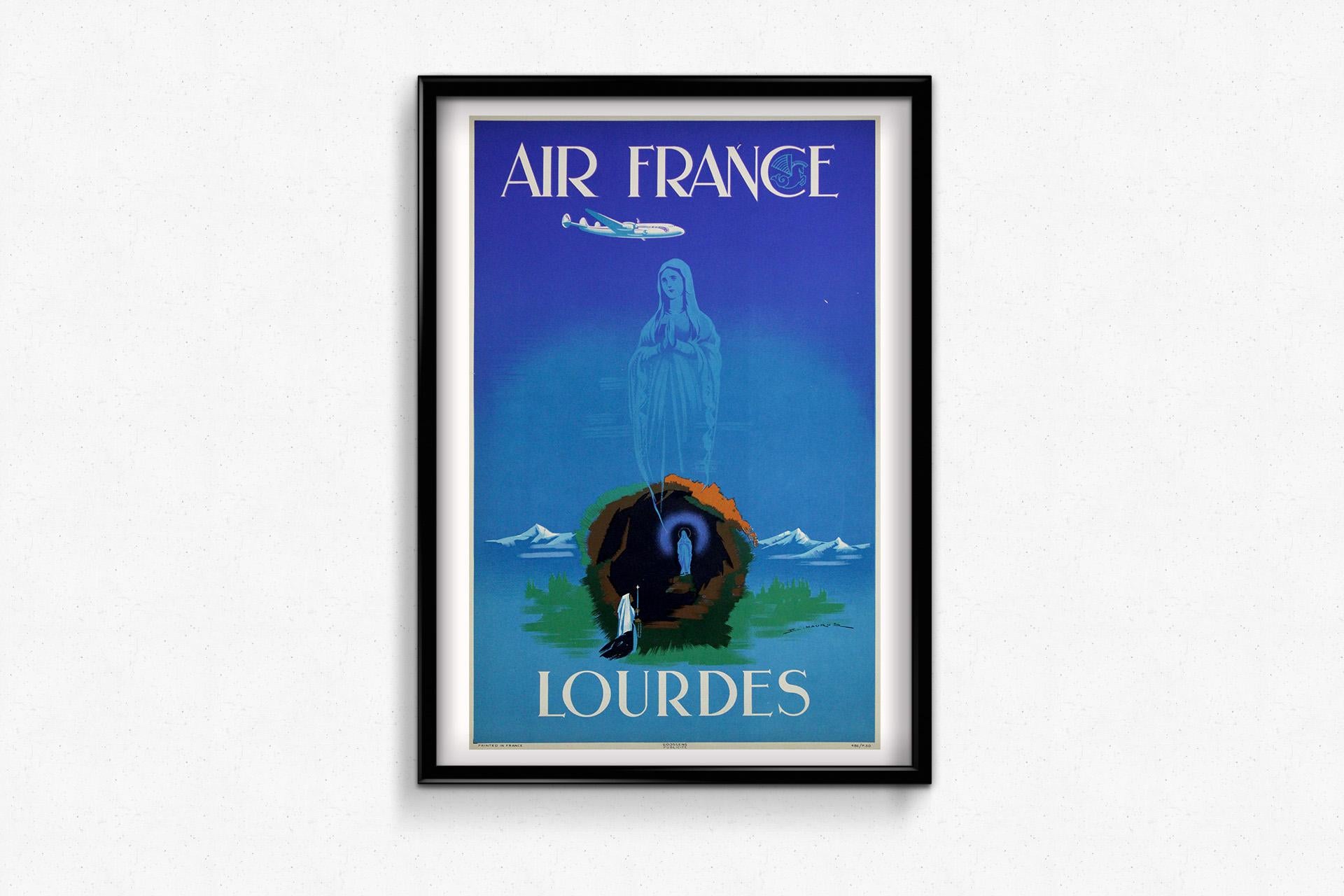 Cartel de viaje original de 1950 de Edmond Maurus - Air France Lourdes en venta 1
