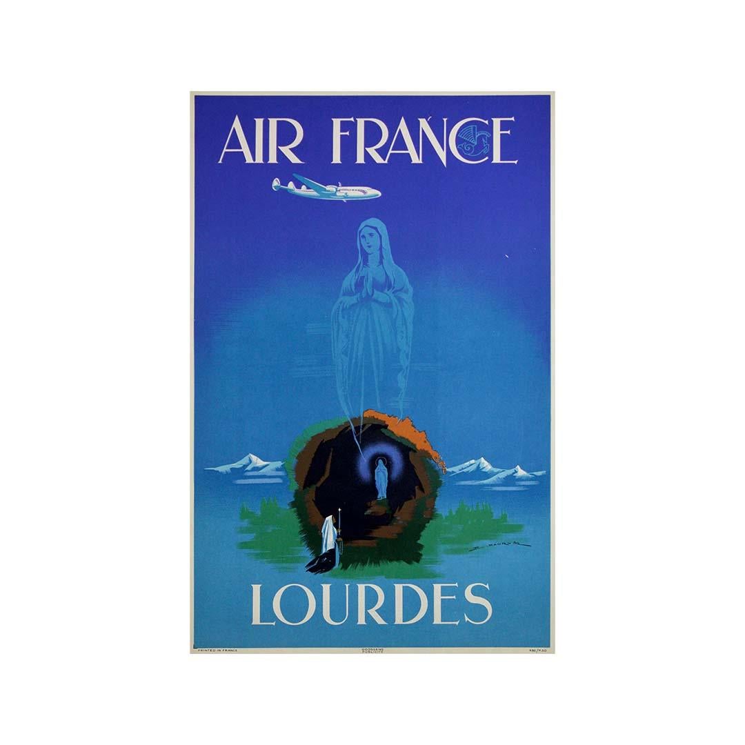 Cartel de viaje original de 1950 de Edmond Maurus - Air France Lourdes en venta 2