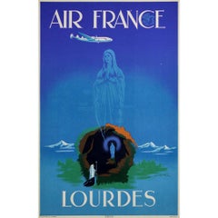 Vintage 1950 original travel poster by Edmond Maurus - Air France Lourdes