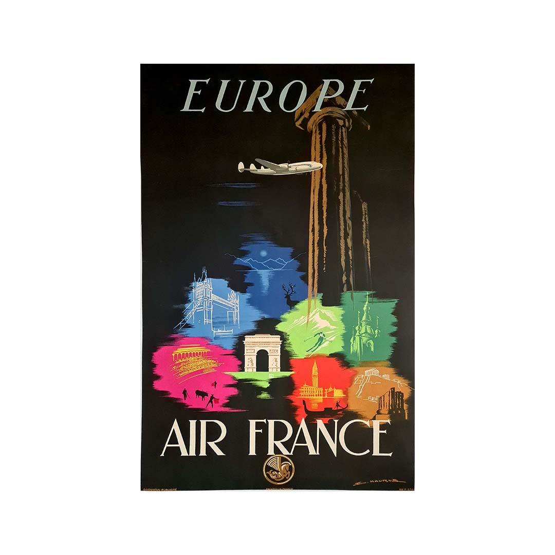 Europa Europe Air France von E. Maurus – 1948 Originalplakat – Fluggesellschaften – Tourisme – Print von Edmond Maurus