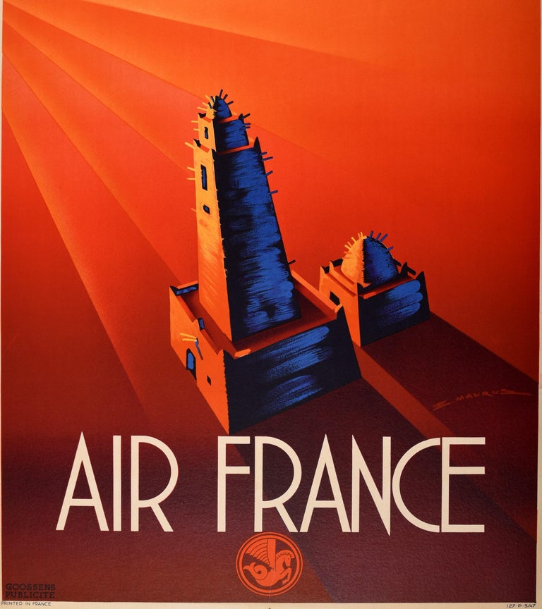 Original vintage travel poster for French West Africa and French Equatorial Africa issued by Air France featuring a stunning design by Edmond Maurus (b. 1903) depicting a propeller Constellation plane flying over the minaret towers of the