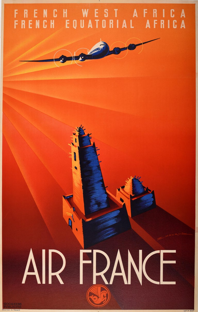 Edmond Maurus Print - Original Vintage Poster Air France Art Deco French West Africa Equatorial Africa