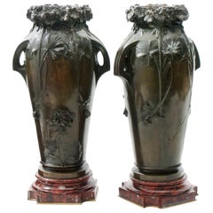 Edmond Moreau-Sauve Signed Bronze Vases, France, 1908