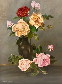 1940s French Signed Oil Still Life Pink Red 
Yellow Roses in Vase grey backdrop