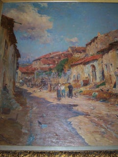 Peinture à l'huile sur toile d'Edmond Petitjean, rue de Village en Lorraine