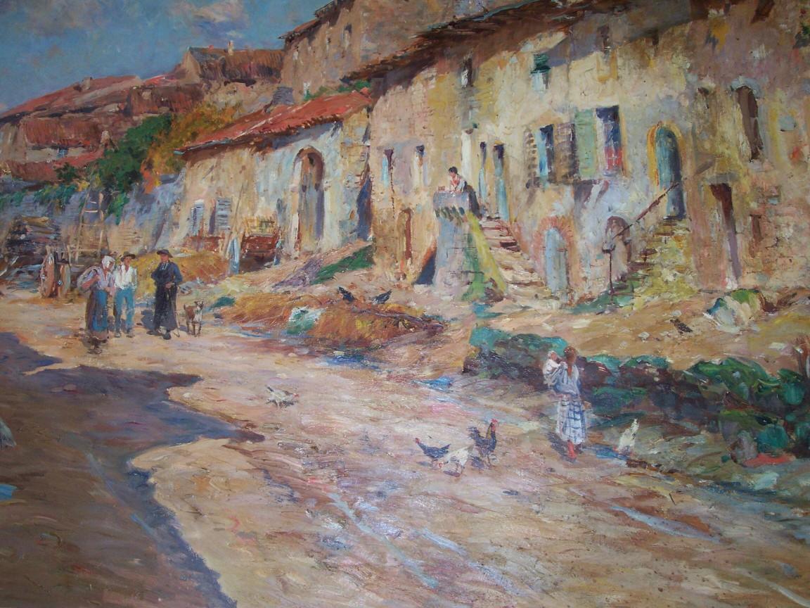 Tardo vittoriano Pittura olio su tela di Edmond PetitJean, Rue de Village en Lorrain in vendita