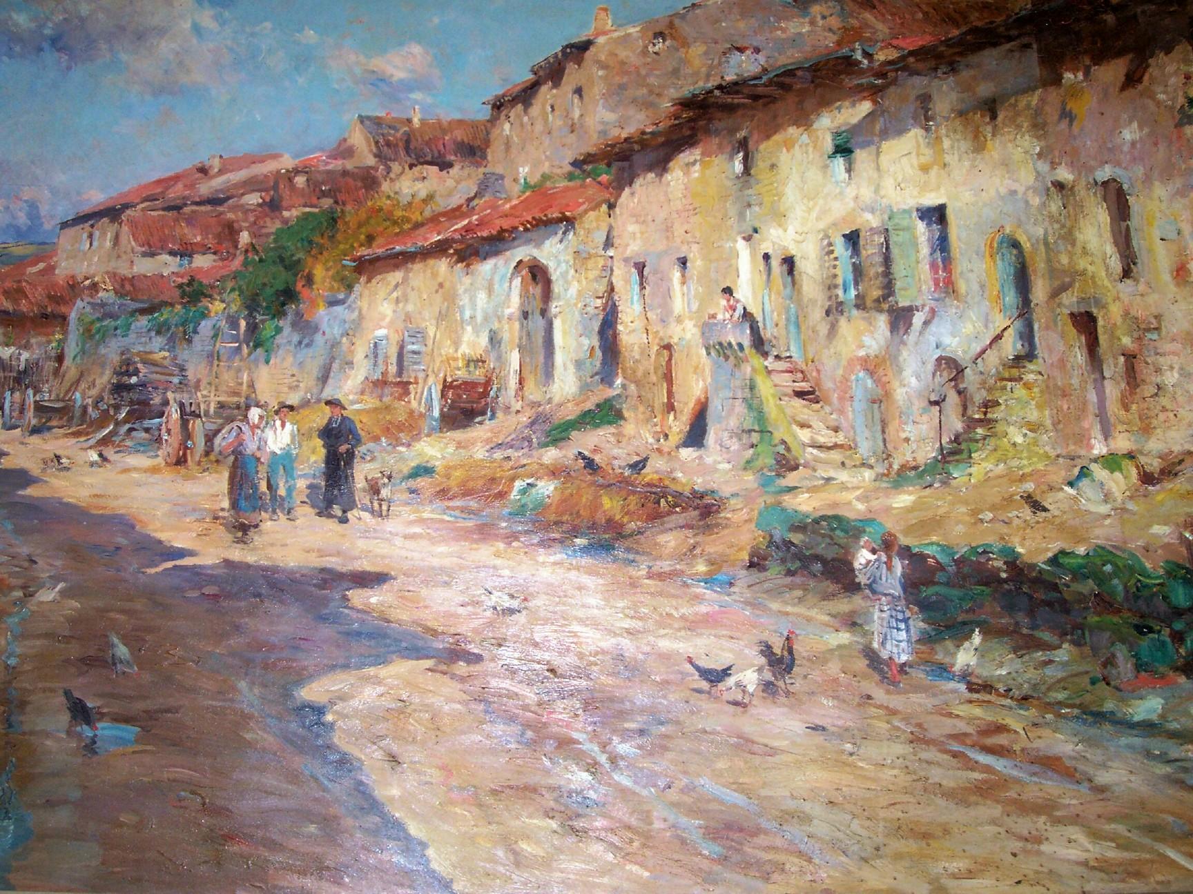 Dipinto a mano Pittura olio su tela di Edmond PetitJean, Rue de Village en Lorrain in vendita