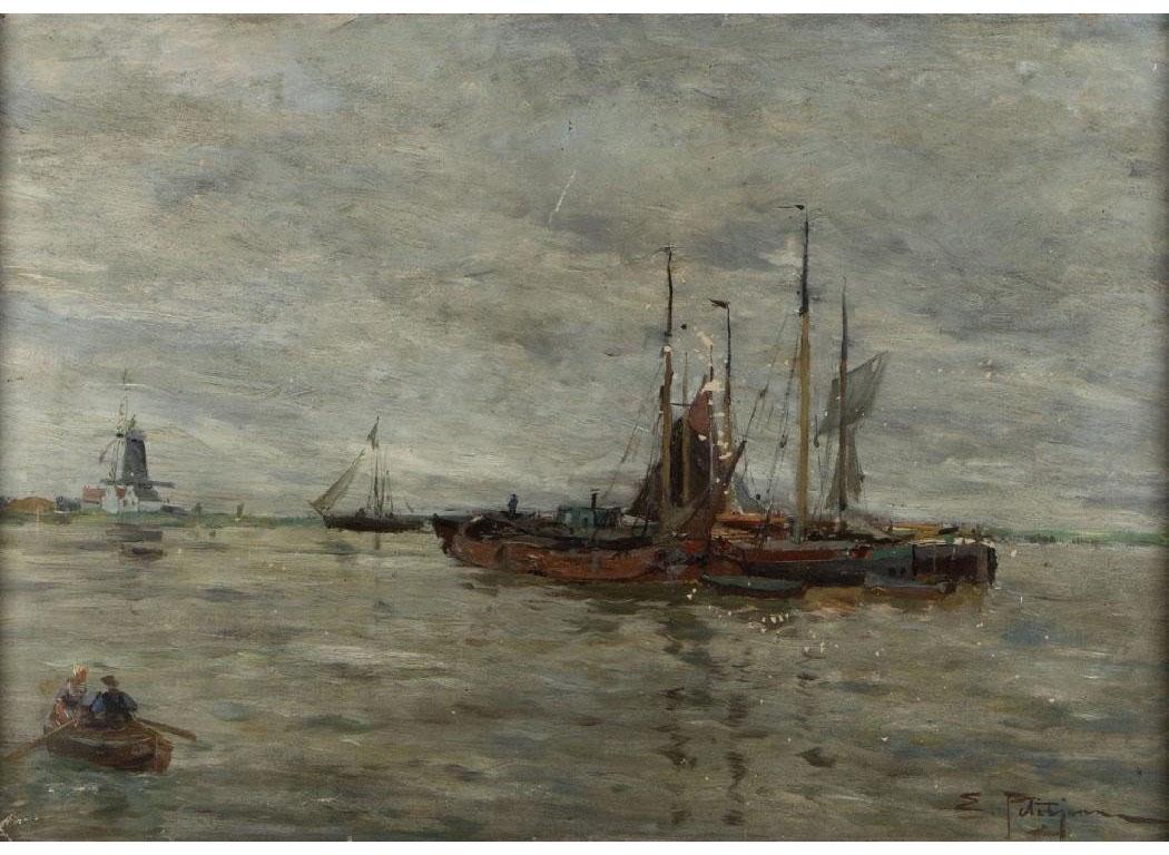 Drei Segelboote an Anker, Ansicht der Niederlande, Öl auf Leinwand, unten rechts signiert