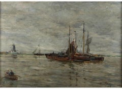 Drei Segelboote an Anker, Ansicht der Niederlande, Öl auf Leinwand, unten rechts signiert