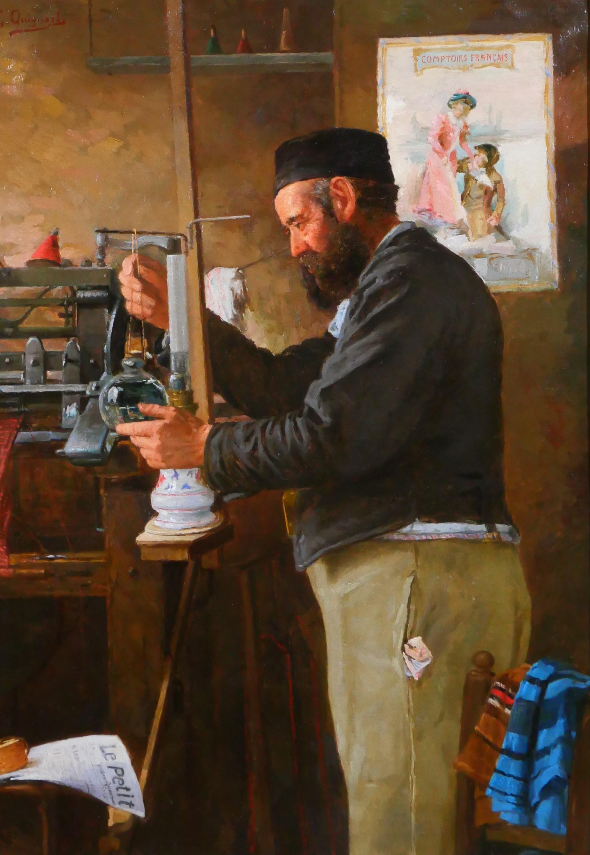 Edmond Quignard Figurative Painting - Weaver in his workshop