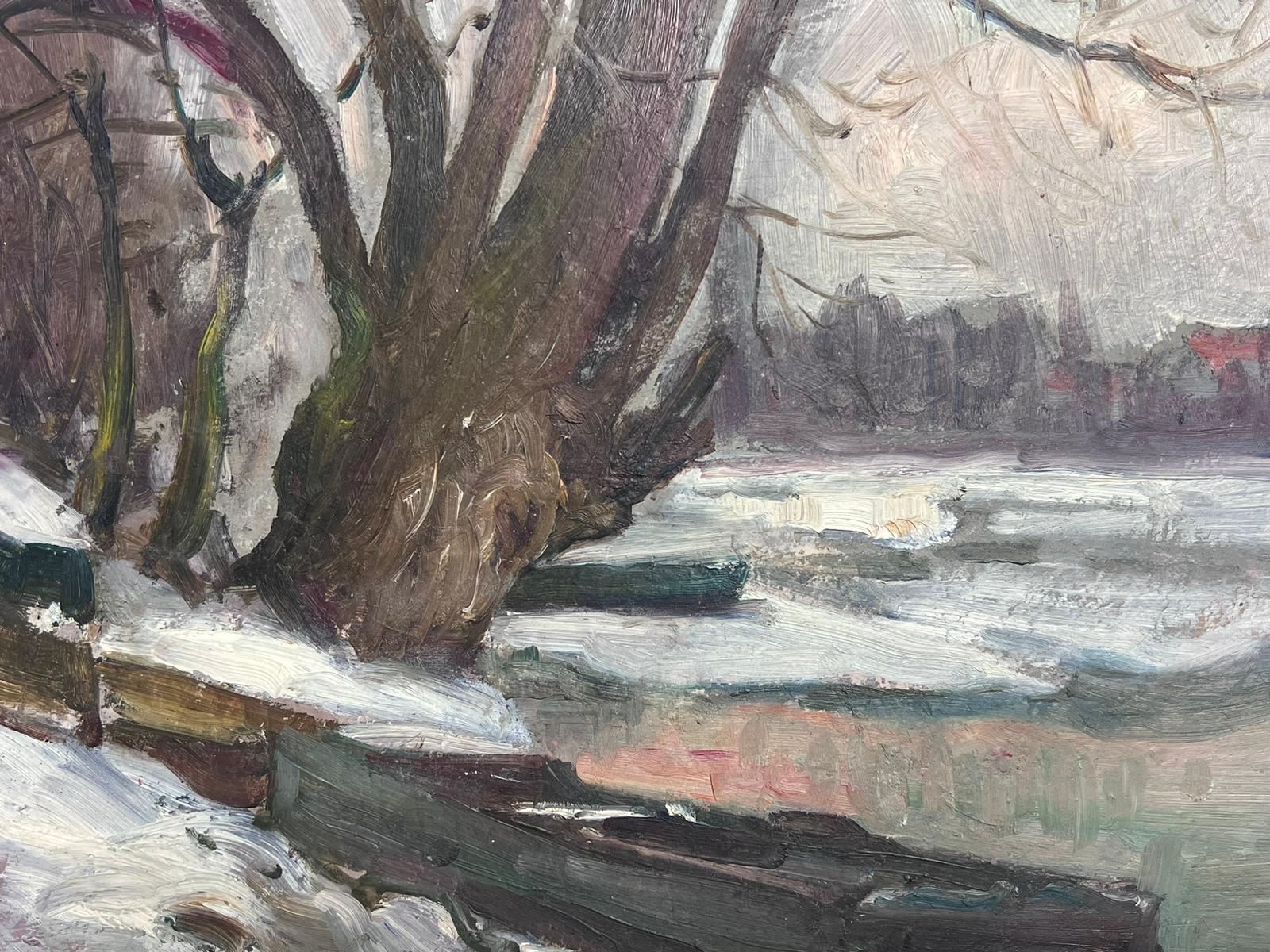 1900's French Impressionist Oil Painting Frozen Rowing Lake Snowy Landscape For Sale 2