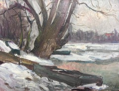 Used 1900's French Impressionist Oil Painting Frozen Rowing Lake Snowy Landscape