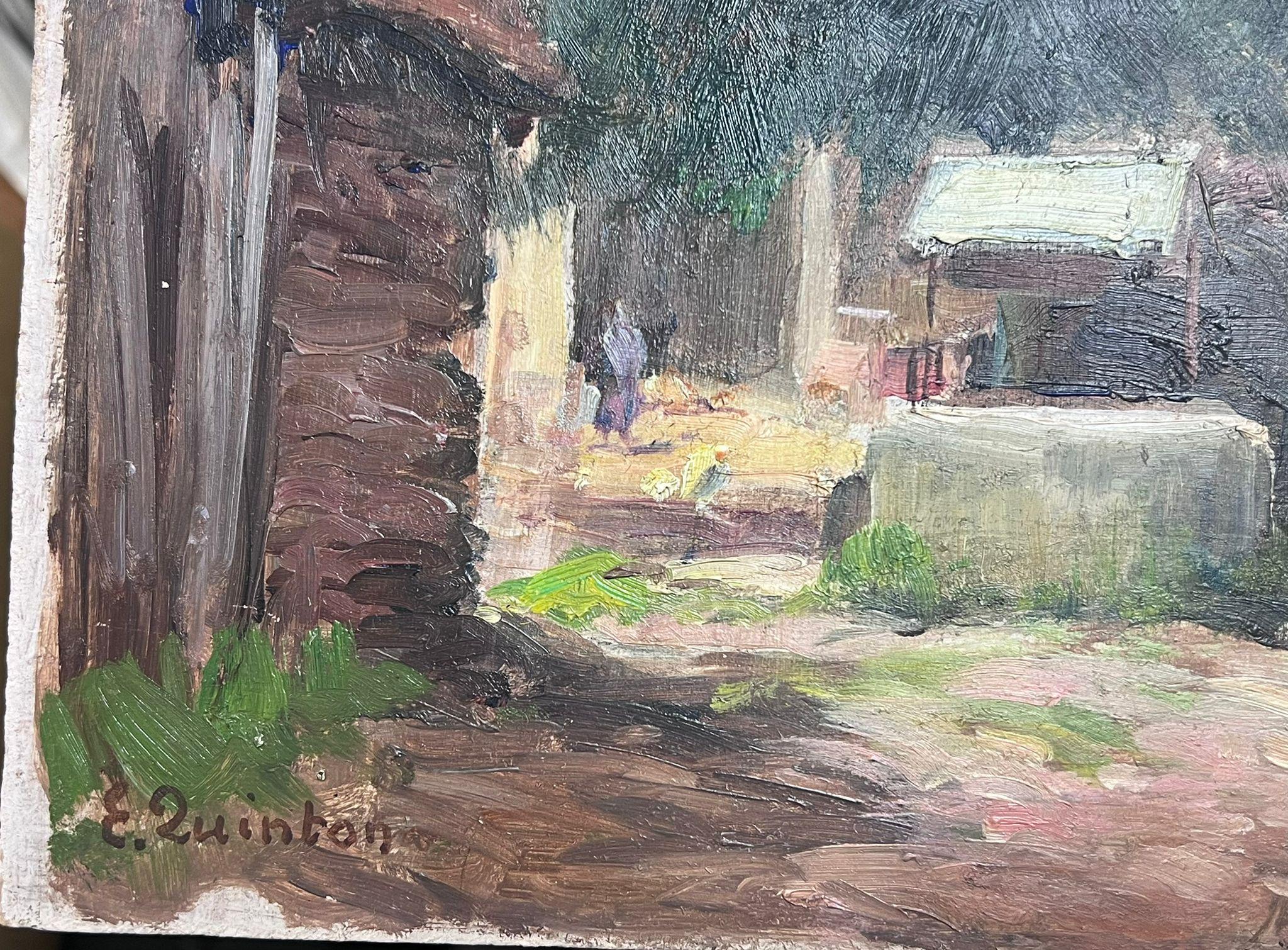 1930's French Impressionist Farmyard Courtyard Chickens and Figures Landscape - Painting by Edmond Quinton