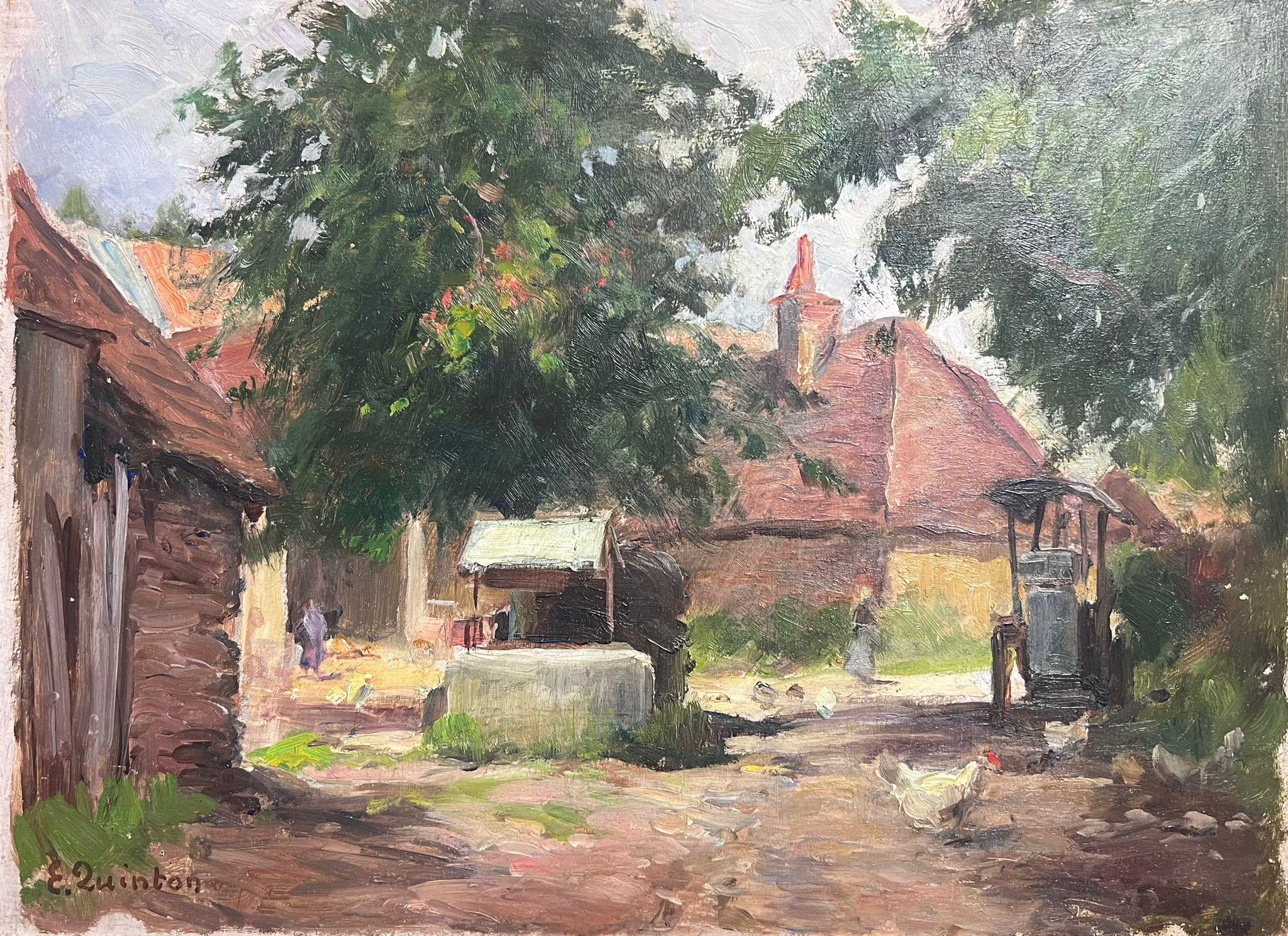 1930's French Impressionist Farmyard Courtyard Chickens and Figures Landscape For Sale 3