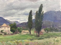 1930's French Impressionist Oil Painting Provence House In Purple Hill Landscape