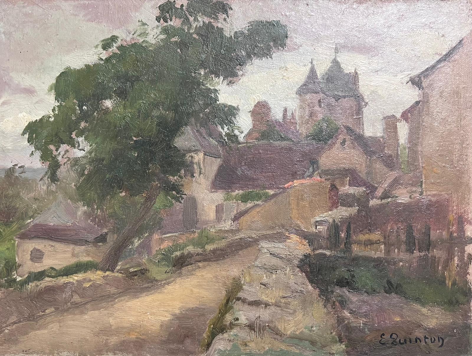 Pintura al óleo impresionista francesa de 1930 Camino de piedra hacia un pintoresco pueblo francés