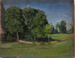 1930's French Impressionist Painting Blue Skies Green Bushy Tree Landscape