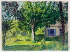 1930's French Impressionist Painting Bright Green Summer Garden Trees