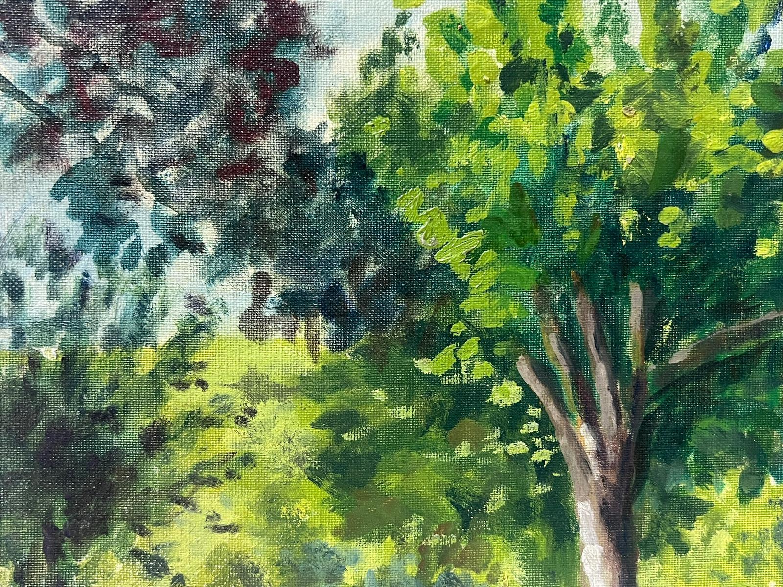 1930's French Impressionist Painting Bright Green Summer Garden Trees  For Sale 1