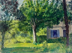 Französisches impressionistisches Gemälde der 1930er Jahre, leuchtend grüne Sommer-Gartenbäume 