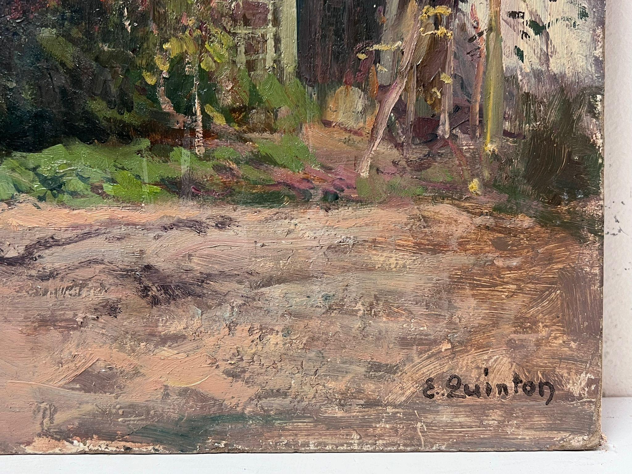 1930's French Impressionist Painting Cherry Blossom Tree During Autumn In Garden - Gray Landscape Painting by Edmond Quinton