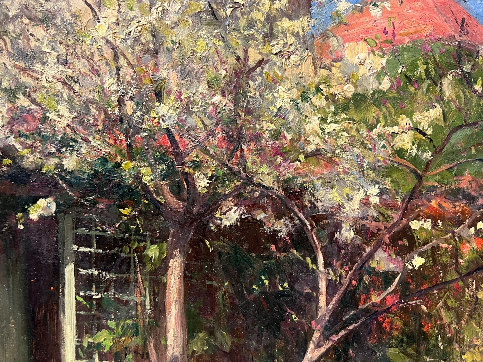 1930's French Impressionist Painting Cherry Blossom Tree During Autumn In Garden 1