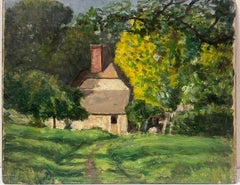 1930's French Impressionist Painting Country House In Spring Green Woodlands